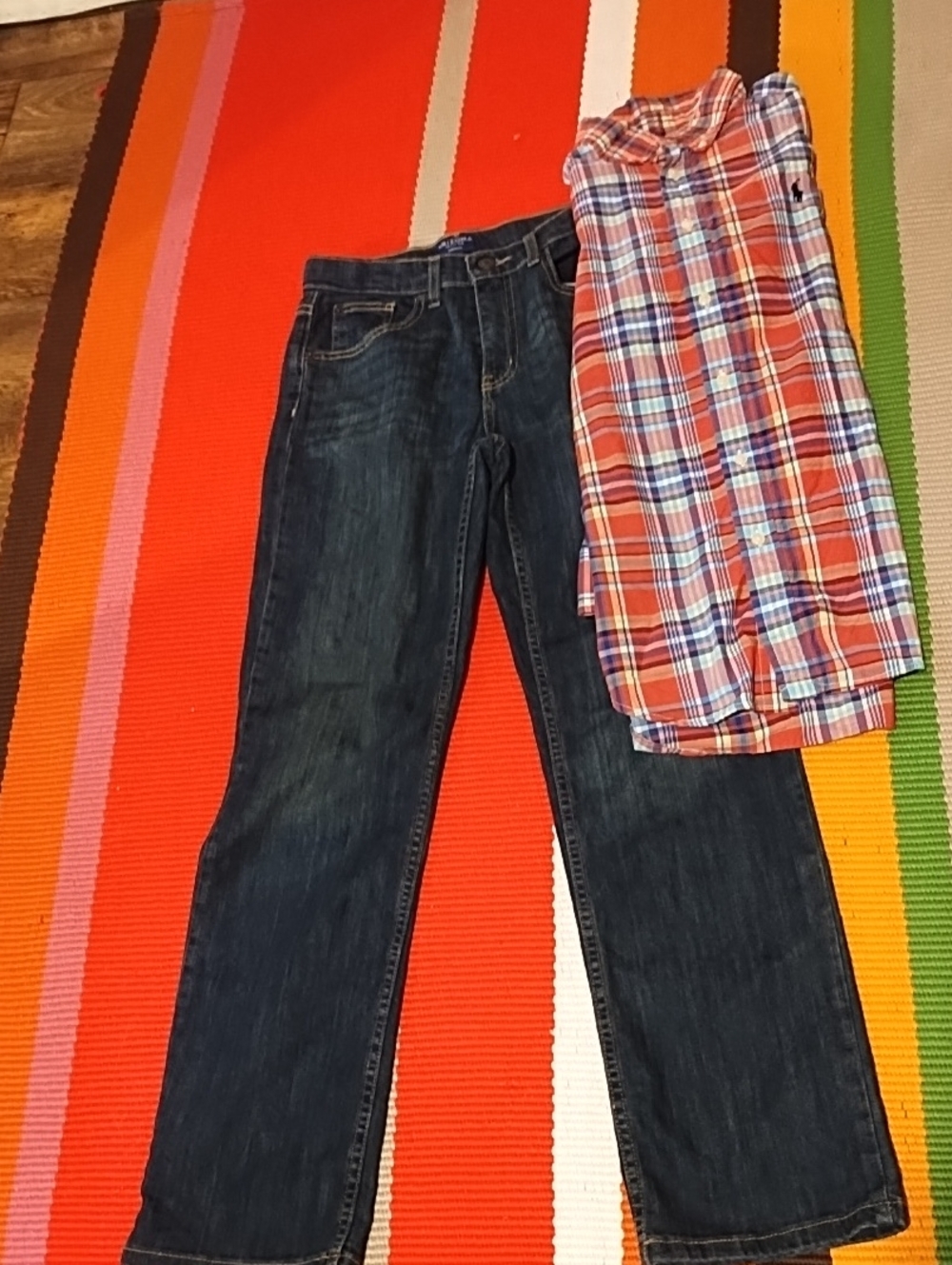 Kids Straight-Leg Jeans and Orange Plaid Shirt Matching Set EUC (14-16).